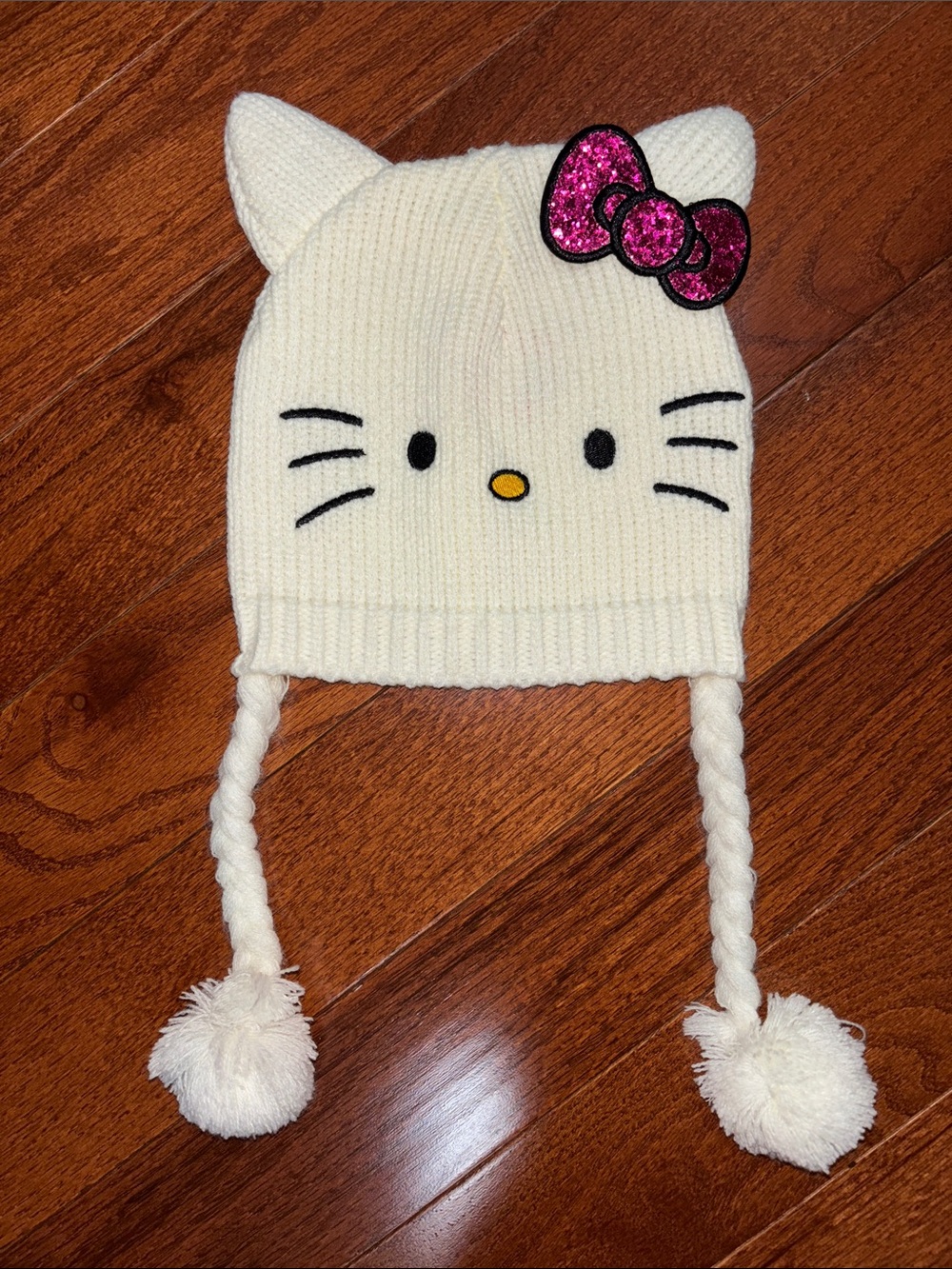 Hello Kitty White Knit Earflap Hat with Pink Glitter Bow